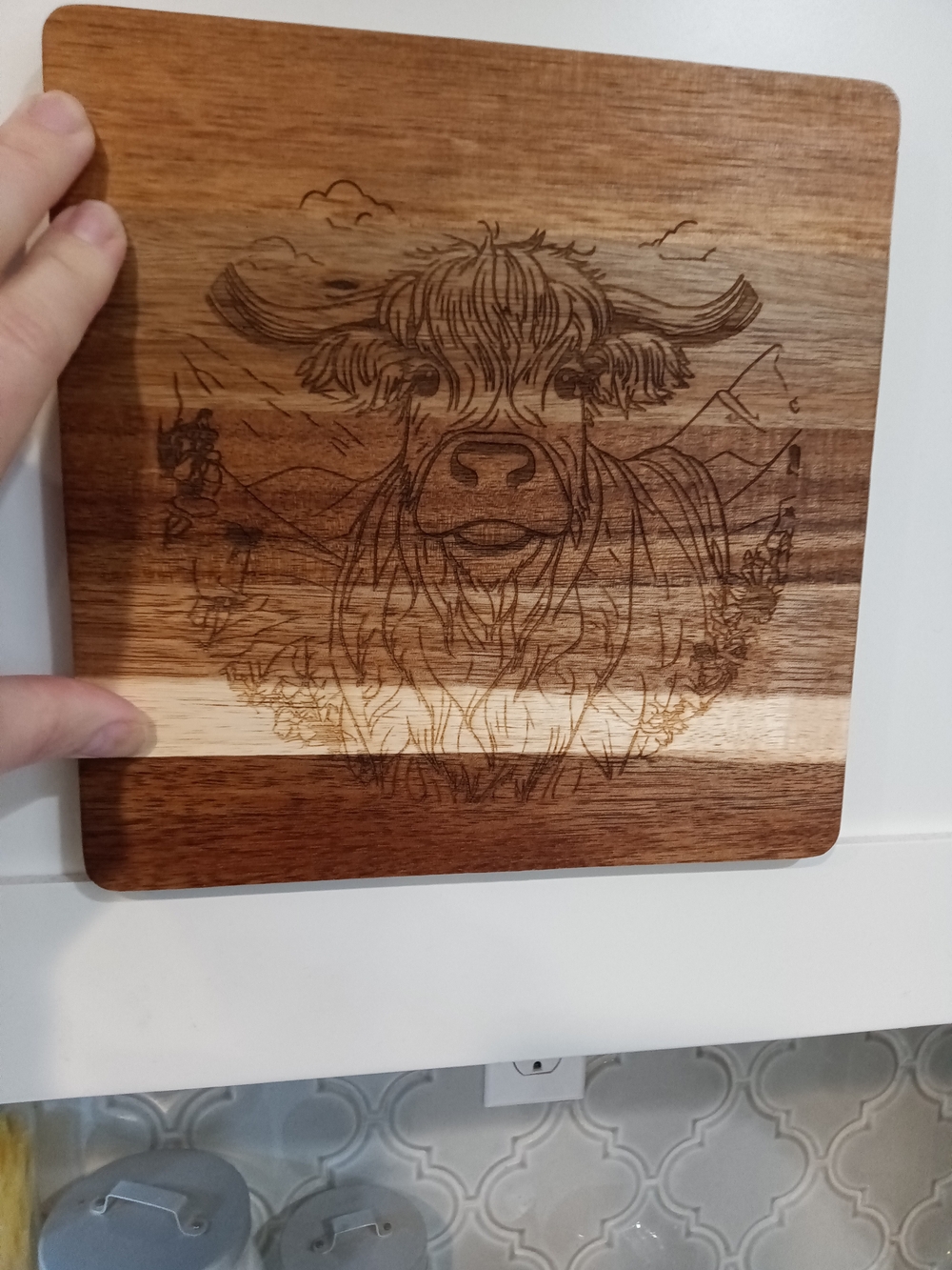 Engraved By Us Bluemoon906 Highland Cow Wooden Cutting Board. 8 X 8